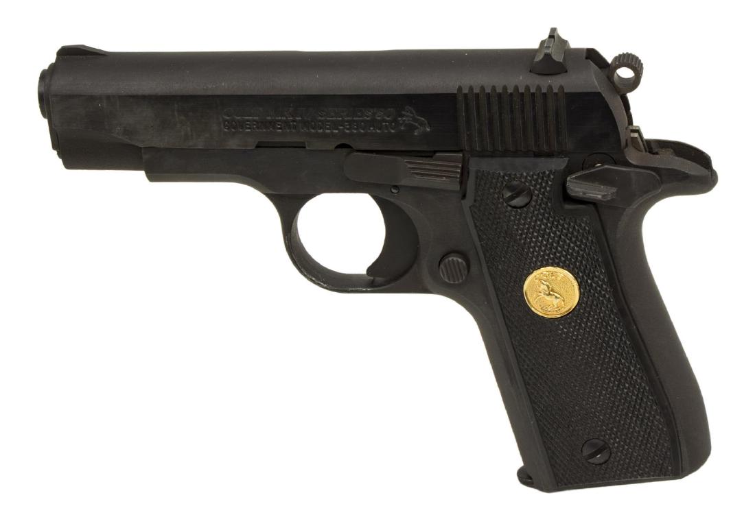 COLT MK IV GOVERNMENT MODEL .380 PISTOL: Colt MK IV Series 80, Government model pistol, .380 caliber, auto load, single action, 3.25" barrel, 7 round magazine, Colt blue finish, black checkered grips with Rampant Colt, original Colt box and 