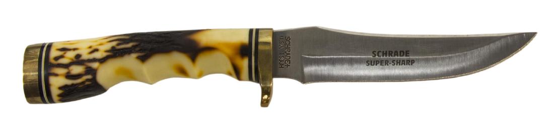 SCHRADE UNCLE HENRY FIXED BLADE KNIFE: Schrade Uncle Henry fixed blade knife, #153UH, 5" blade, stag look synthetic handle, brass pommel, overall: 9.25"l, worn, torn original box, leather scabbard with sharpening stone, papers, appears as 