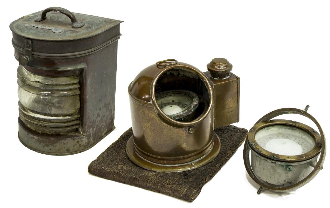 (3) ANTIQUE / VINTAGE SHIPS COMPASS & BINNACLE: (lot of 3) Antique / vintage nautical items: (1) ships compass, marked CM Hammar, Gutenborg; (1) small binnacle mounted on wood platform, lacking glass; (1) Heck Light metal ships lantern; largest: 13