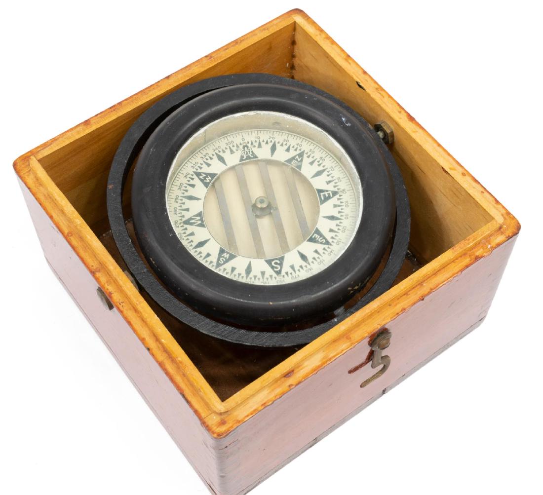 WILCOX, CRITTENDEN NAUTICAL COMPASS: Nautical navigation compass by Wilcox, Crittenden & Co., housed in a mahogany finish dovetailed box, 4"h, 5.75w, 5.75"d, 3.75lbs Start Price: $80.00