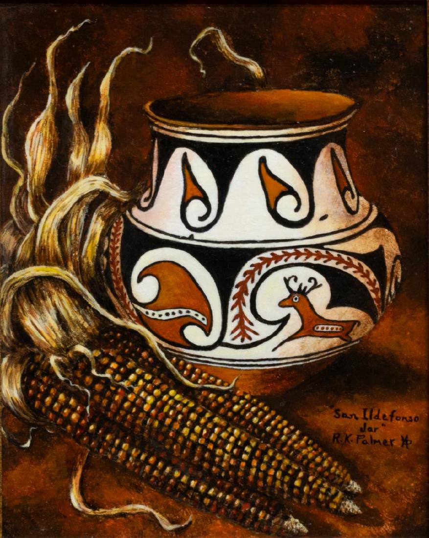 FRAMED R.K. PALMER PAINTING 'SAN ILDEFONSO JAR': Framed acrylic on board painting, "San Ildefonso Jar," titled and signed lower right R.K. Palmer (Roseylee K. Palmer, Texas, 20th c.), information about the jar verso, sight: approx 10"h, 8"w, overall