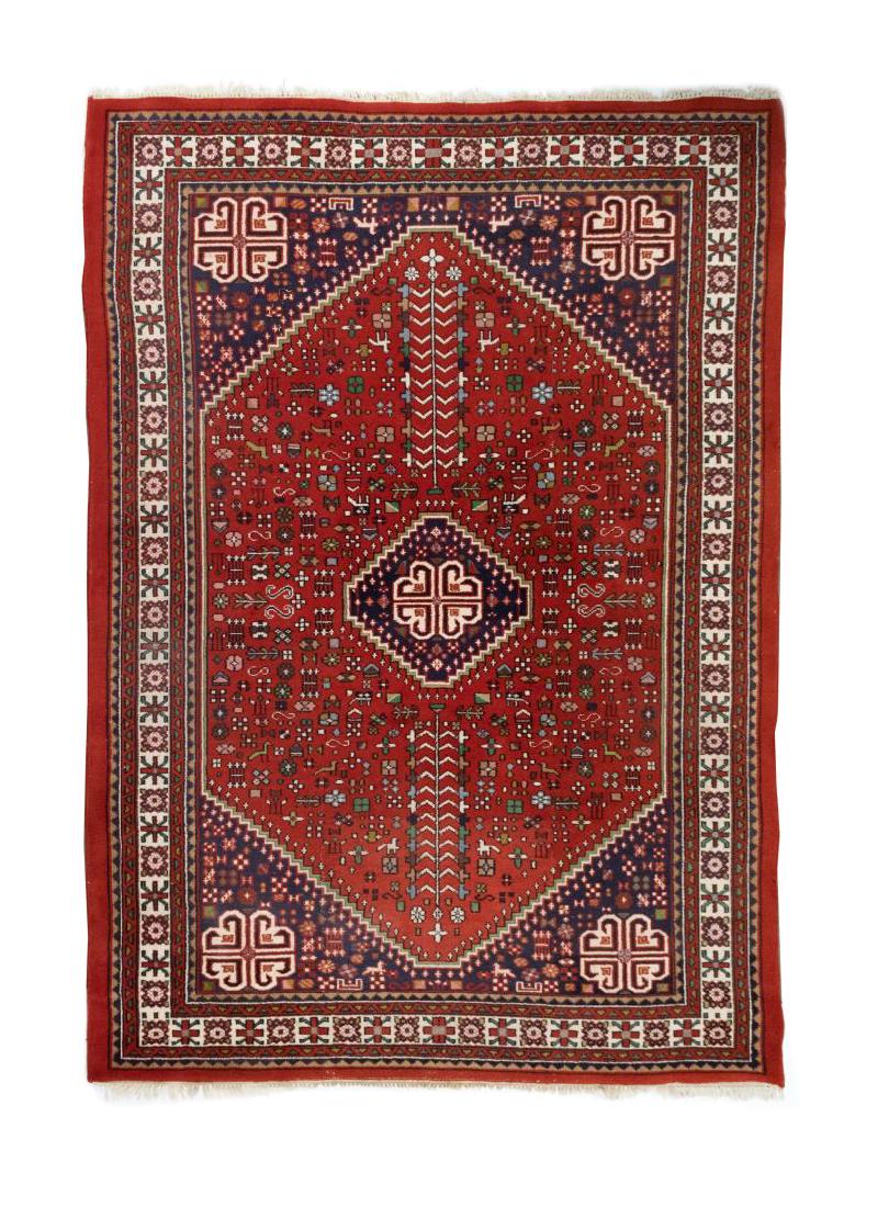 HAND-TIED PERSIAN RUG, 9'7" X 6'6": Hand-tied Persian rug, having red ground, with blue center medallion, small-scale all over pattern including foliates and birds, approx 9'7"l, 6'6"w Start Price: $100.00