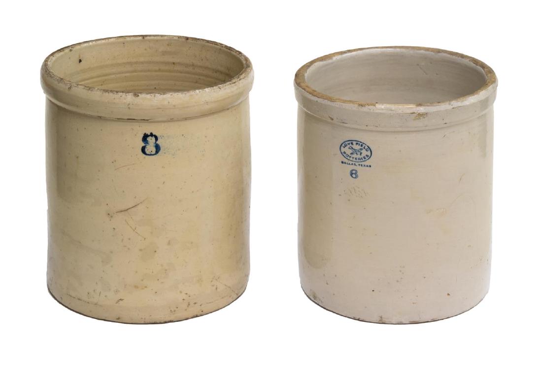 (2) STONEWARE CROCKS, 8 & 6 GALLON, LOVE FIELD: (lot of 2) Stoneware crocks: (1) Love Field Pottery, Dallas, Texas, 6 gallon, 14.5"h, 13"diameter; (1) 8 gallon, 15"h, 13.5"diameter Start Price: $60.00