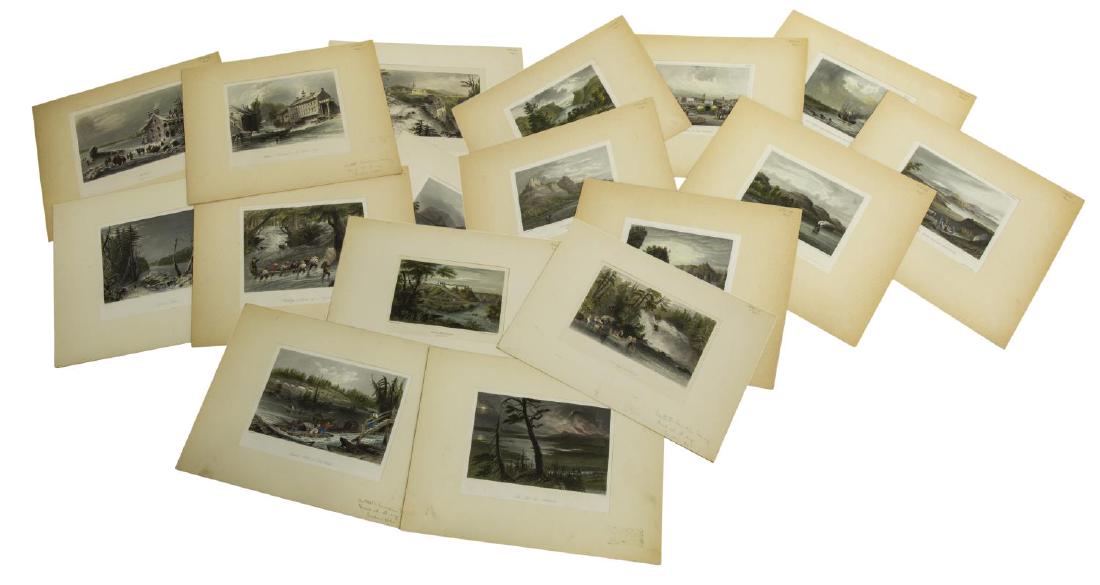 (17) HAND-COLORED ENGRAVINGS, BARTLETT & MEYER: (lot of 17) Unframed hand-colored engravings, 19th c., including: (9) illustrations from "Canadian Scenery" by W.H. Bartlett (William Henry Bartlett, United Kingdom, 1809-1854), sheet: approx 8.25"h, 