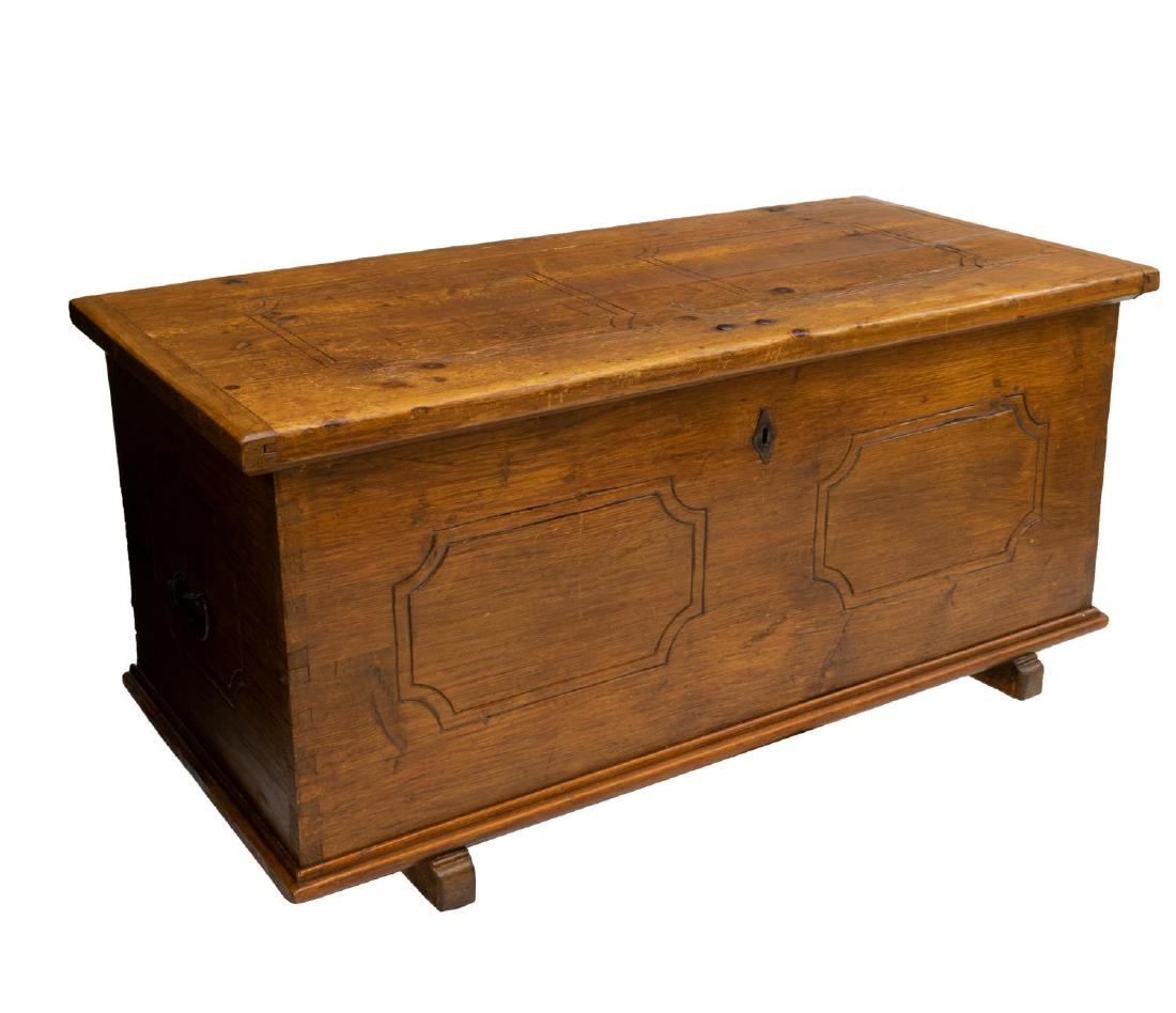 CONTINENTAL PINE STORAGE / WORK TRUNK CHEST: Continental pine storage chest, 19thc., with iron nail head accents and side carrying handles, approx 22"h, 48"w, 22.25"d Start Price: $100.00