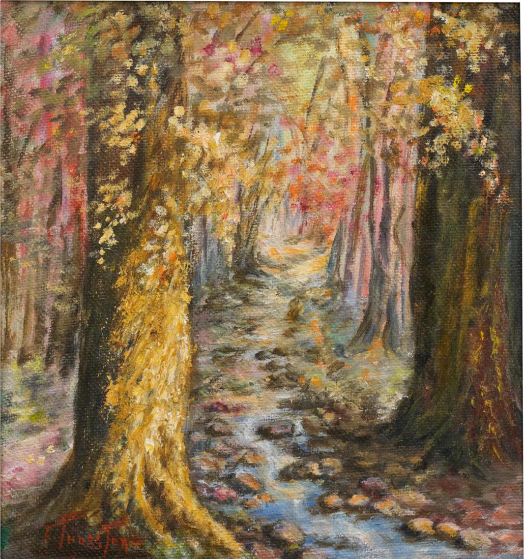 FANNIE THURSTON (TEXAS, 1870-1956) FOREST PATH: Framed oil painting on canvas board,Forest Pathway, signed lower left F. Thurston (Fannie (Fern) Palmer Thurston, Mississippi, Texas, 1870-1956), ight: 12.25"h, 11.25"w, overall: 17.5"h, 16.5"w, 3.25l