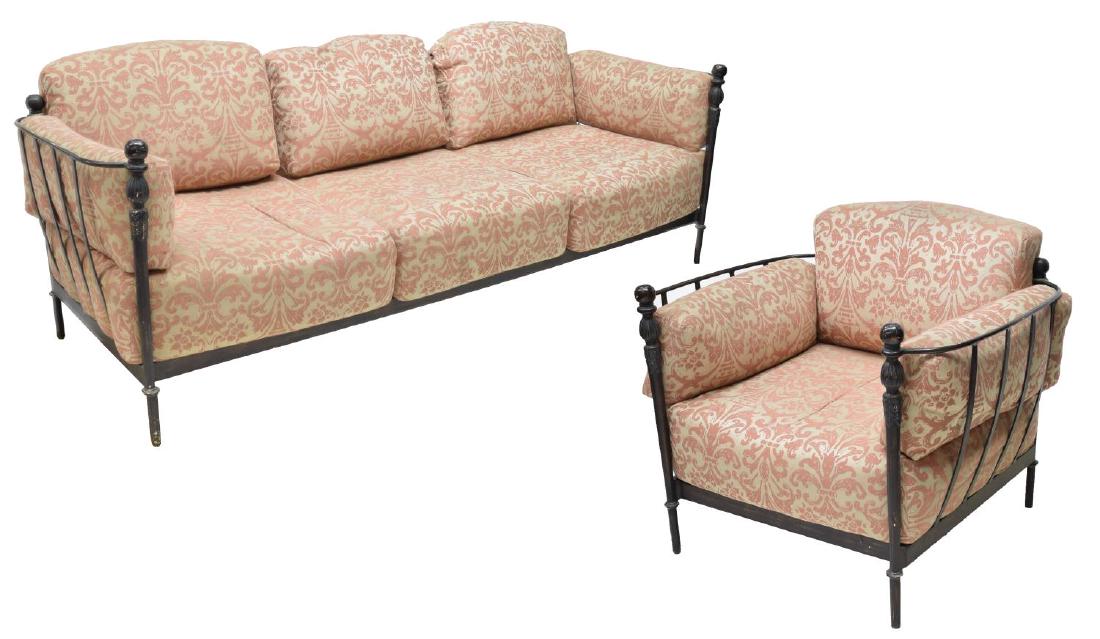 (2) OUTDOOR PATIO THREE-SEAT SOFA & CHAIR: (lot of 2) Patio seating group, including: (1) three-seater sofa, approx 30"h, 91.5"w, 32"d, (1) lounge chair, approx 30"h, 37.5"w, 3.75"d; evidence of outdoor use, staining and tears to cushions Star