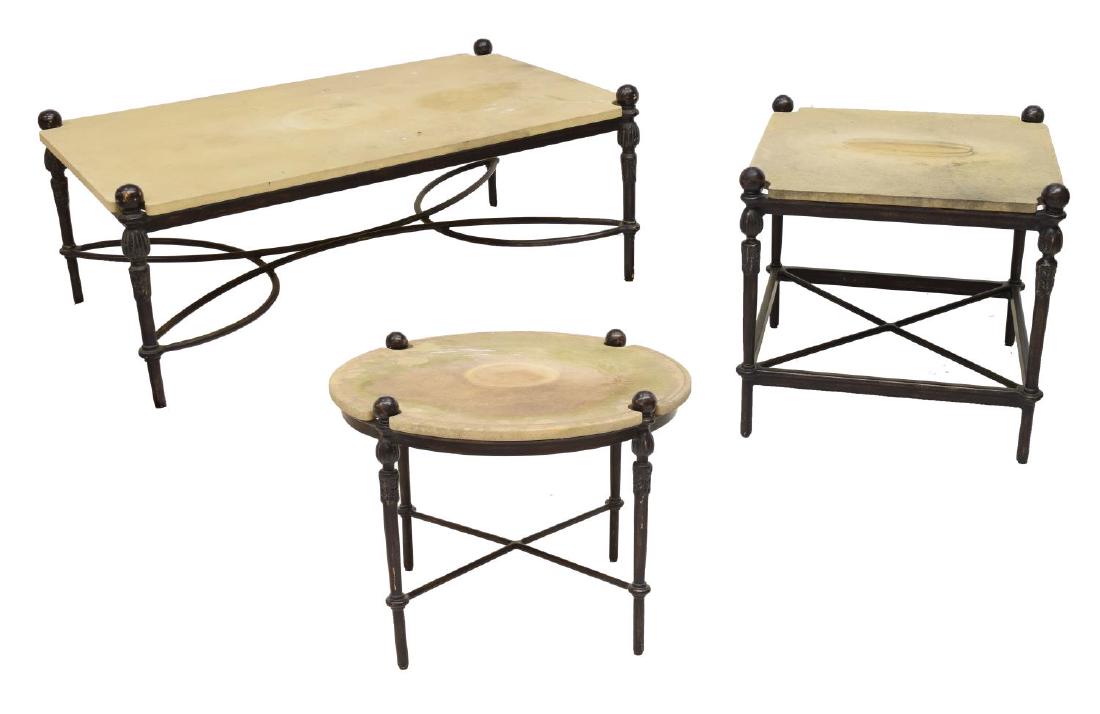 (3) OUTDOOR PATIO CONCRETE-TOP METAL TABLES: (lot of 3) Patio tables, having metal frame, with concrete top, rising on stretcher-joined legs, evidence of outdoor use, largest: approx 18.75"h, 46"w, 28.25"d Start Price: $80.00