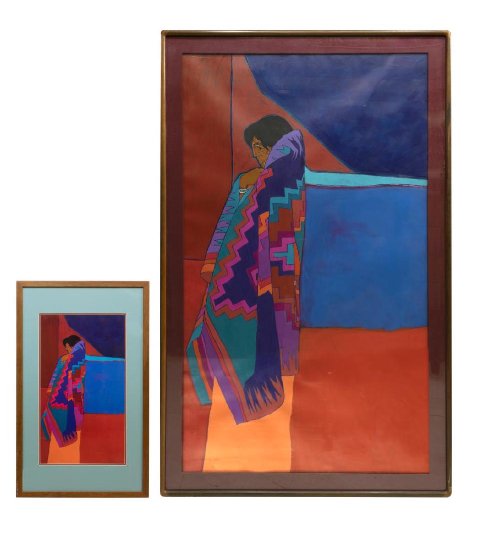 AMADO PENA (B. 1943) MONUMENTAL PAINTING 72"x40": (lot of 2) Framed acrylic painting, "Concha Series" El Paseo", Amado Pena (Amado Maurilio Pena, JR. Arizona, Texas, b. 1943), typed title on verso, sight: 70"h, 40.5"w, overall: 77.25"h, 48.25"w, toge