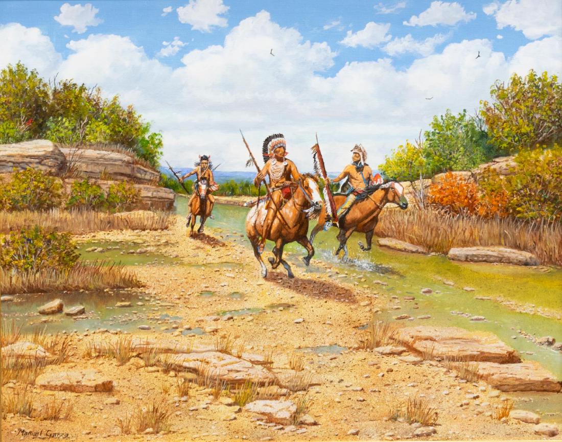 MANUEL GARZA (TEXAS, B. 1940) "INDIAN WARRIORS": Framed oil painting on canvas, "Indian Warriors", signed lower left Manuel Garza (Texas, b. 1940), signed again, dated 2018 at verso, sight: 15.5"h, 19.5"w, overall: 25.5"h, 29.5"w, 14.75lbs Start Pri
