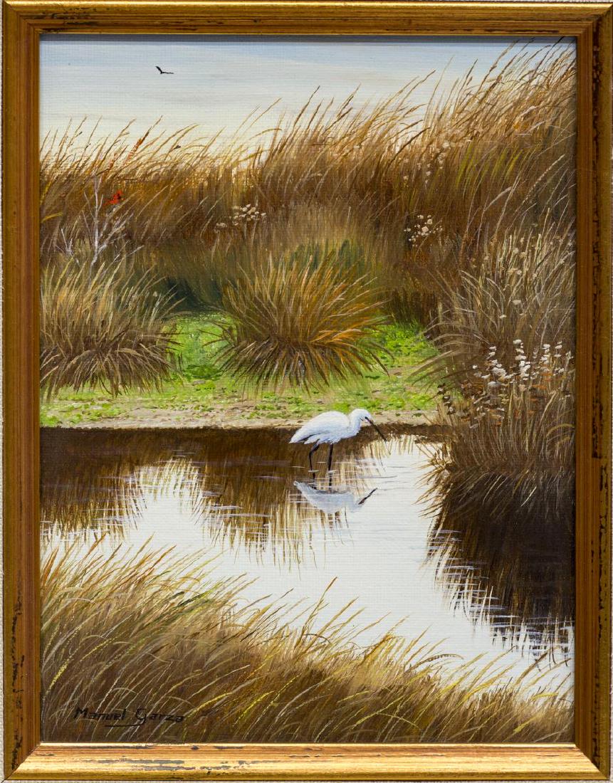 MANUEL GARZA (TEXAS, B.1940) FRAMED OIL PAINTING: Framed oil on canvas painting, White Crane, signed lower left and verso Manuel Garza (Texas, b.1940), depicting a white crane in marshlands, centered in gilt frame, sight: approx 8"h, 6"w, overall: ap