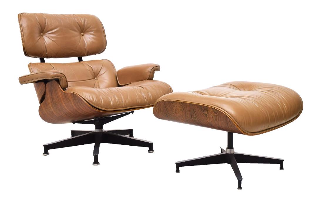 EAMES LOUNGE CHAIR & OTTOMAN, HERMAN MILLER: Herman Miller lounge chair, model 670, and ottoman, model 671, 1956 design by Charles and Ray Eames, tan buttoned leather with laminated rosewood, raised on supports, each with Herman Miller label, th