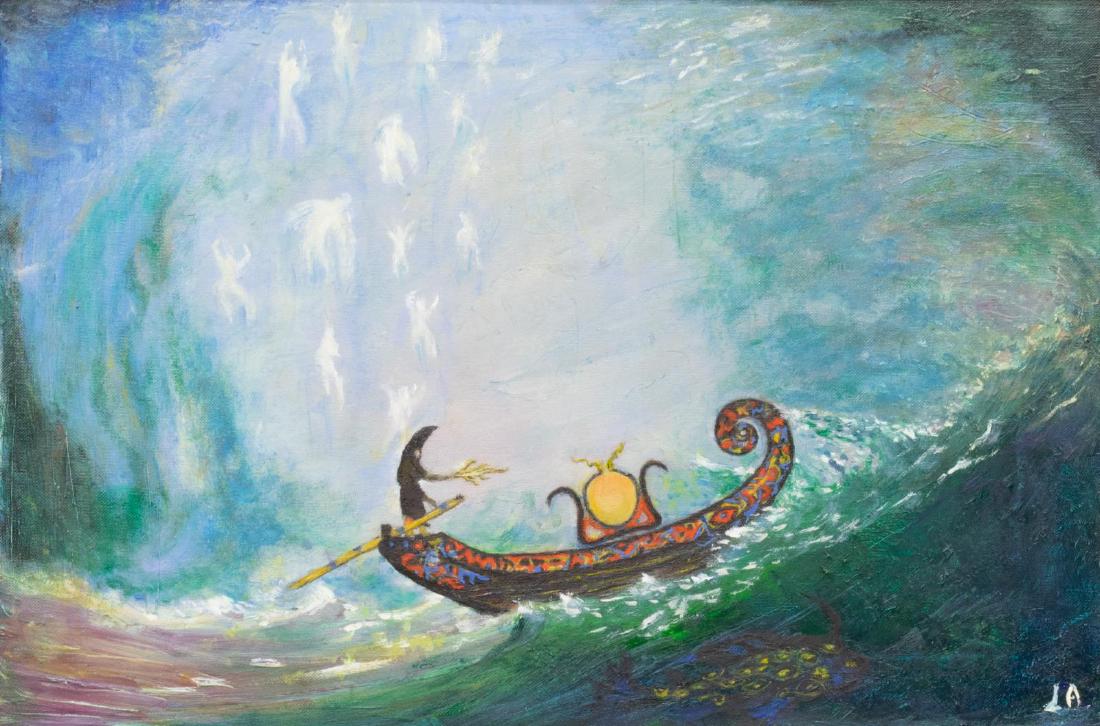 FRAMED OIL ON CANVAS PAINTING, SIGNED: Framed oil on canvas painting, c. 1987, Charon on the River Styx, initialed lower right, dedication with date and illegible signature (Jacqueline C...?) verso, centered in parcel gilt blue frame, sigh