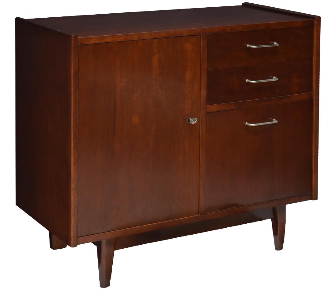 DANISH MID-CENTURY MODERN CABINET: Danish mid-century modern mahogany chest, c. 1950's, the rectangular top over a single cabinet door, beside two drawers and fall front lower door, on tapering cylindrical legs, approx 29.75"h, 33"w, 1