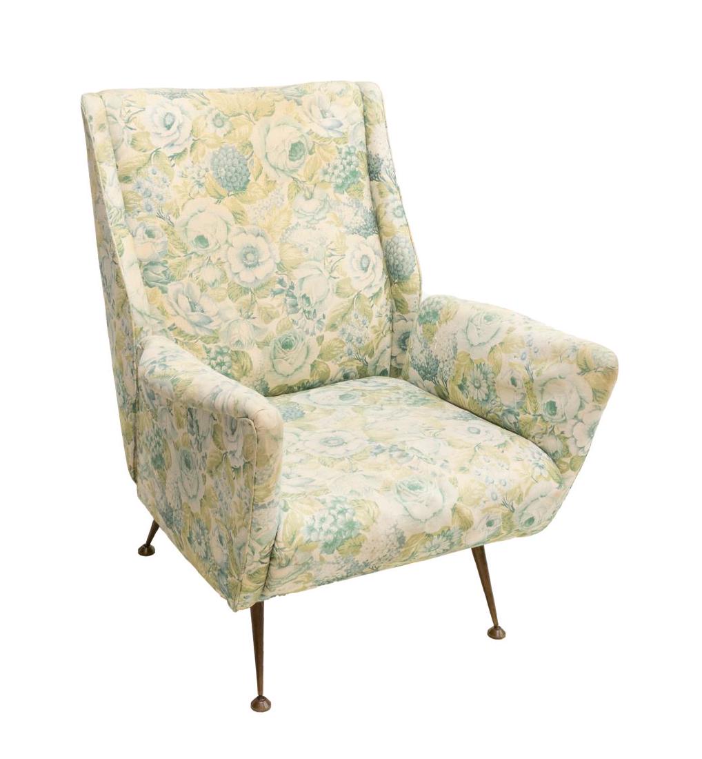 ITALIAN MID-CENTURY MODERN FLORAL LOUNGE CHAIR: Italian mid-century modern lounge chair, c. 1960's, slightly reclined back with reduced wings and flared arms, in worn floral upholstery, on four steel legs, ending in disc feet, approx 34.75"h, 28"w,