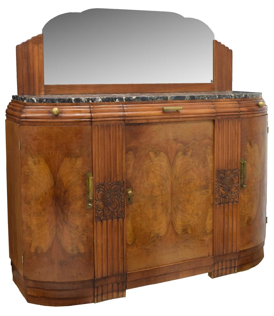 FRENCH ART DECO WALNUT MARBLE TOP SIDEBOARD: French Art Deco carved walnut sideboard, late 19th c., having a beveled shaped mirror back over the marble top with conforming base having carved floral accents and brass hardware, fitted with three s