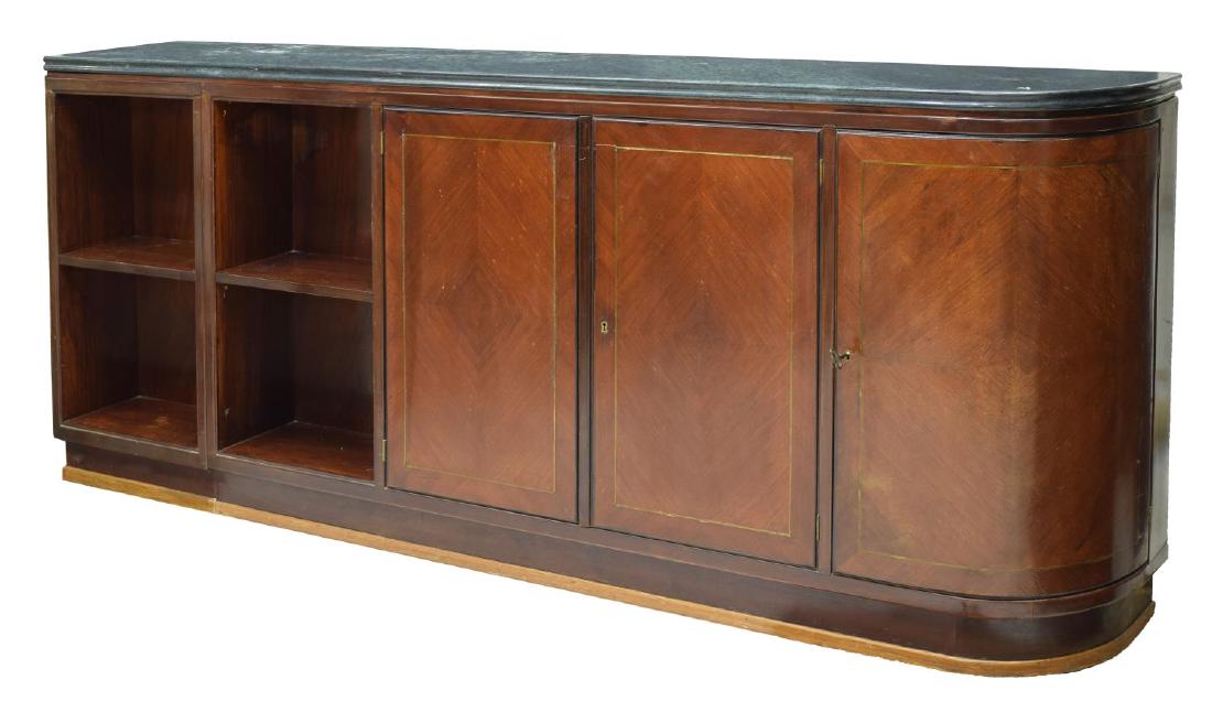 ITALIAN MARBLE-TOP MAHOGANY SIDEBOARD: Italian sideboard, mid 20th c., having green marble top, over case that is curved at one end, with diamond-matched mahogany veneers, fitted with three cabinets and two stacks of open shelves, all on p