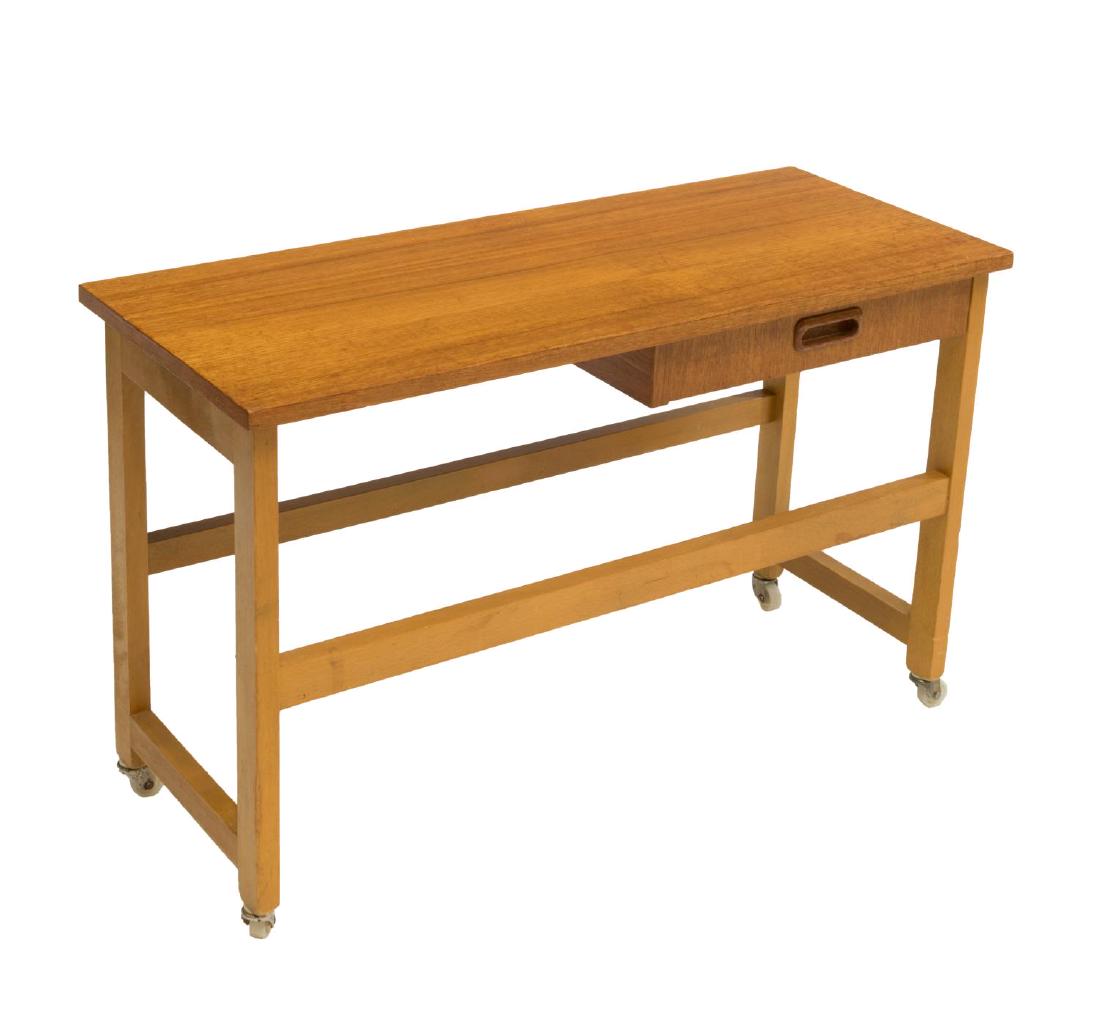DANISH MID-CENTURY MODERN TEAK SIDE TABLE: Danish mid-century modern teak side table, c. 1950s, having rectangular top, over single drawer, rising on straight block legs, joined by a box stretcher, on wheels, approx 18.25"h, 29.5"w, 12"d Start