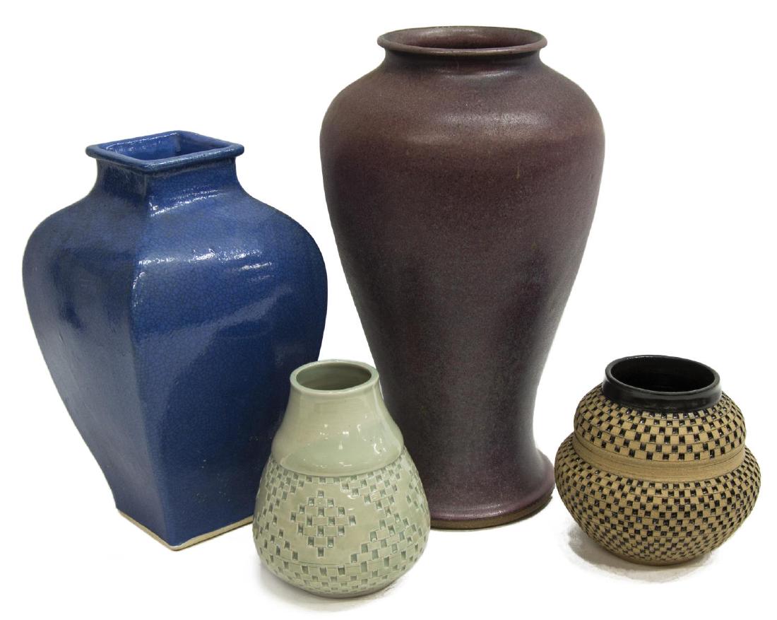 (4) POTTERY VASES BY WALTER YOVAISH: (lot of 3) Pottery by Walter and Patricia Kelly Yovaish, 20th c.: (1) large copper color baluster form vase, signed at the underside, 14"h, 7.75"diameter: (1) blue with square mouth, signed at the und