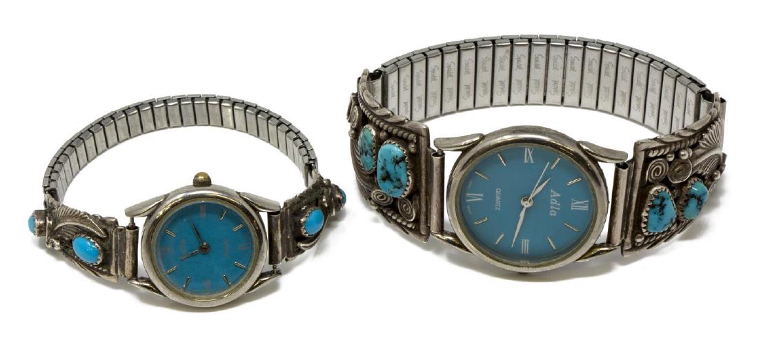 (2) NATIVE AMERICAN STERLING TURQUOISE WATCH CUFFS: (lot of 2) Native American silver and turquoise watch cuffs, both holding a blue face Alda watch, (1) the larger marked RB (possibly Robert Becenti, Navajo), sterling, (1) the smaller, detailed with f
