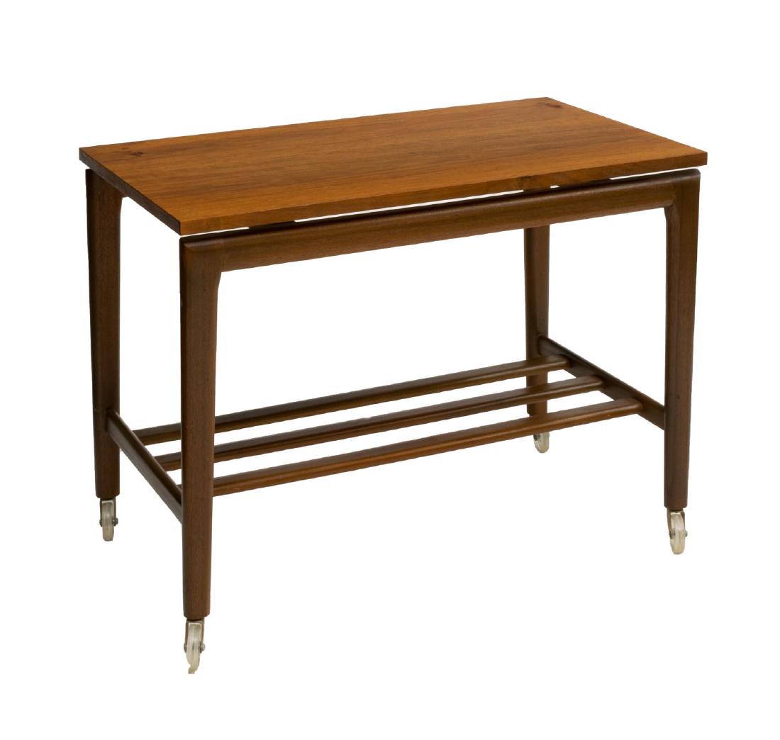 DANISH MID-CENTURY MODERN TEAKWOOD SERVICE CART: Danish mid-century modern teakwood service cart, c. 1950's/60's, floating top over a slatted lower shelf, all moving on wheels, approx 39.5"h, 35"w, 16"d Start Price: $80.00