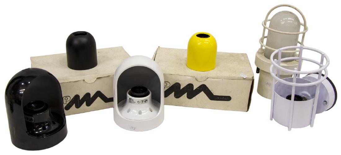 (15) ITALIAN MARTINELLI LUCE SCONCES & CAGE LIGHTS: (lot of 15) Italian Martinelli Luce lighting, varied styles and designs, (2) Industrial style caged lights, (one) Systema Polo of resin, (one) in white with loss to paint on backplate, (2) domed light