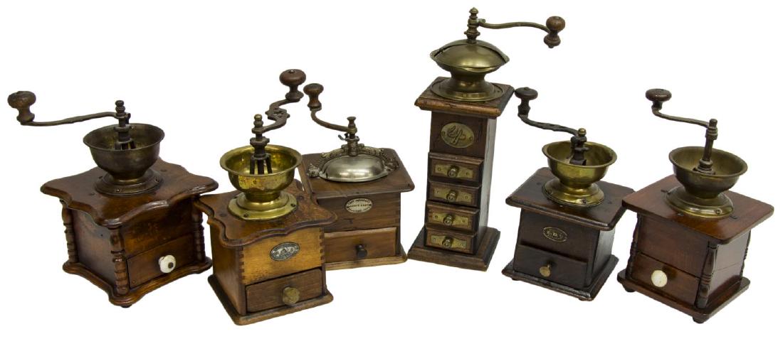 (6) VINTAGE COFFEE GRINDERS, VARIED SIZE & FORM: (lot of 6) Vintage coffee grinders, various makers and sizes, largest: 14.5â€h, 15.5lbs Start Price: $80.00
