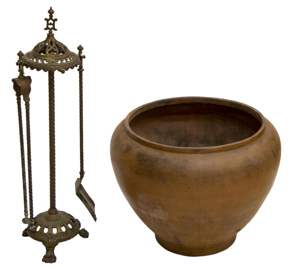 (2) FRENCH EARTHENWARE PLANTER & FIREPLACE TOOLS: (lot of 2) French terracotta/ earthenware planter, 20th c., having tapered form on circular foot, evidence of outdoor use, approx 17"h, 20"diam; sold with metal fireplace accessories, two tools, appro