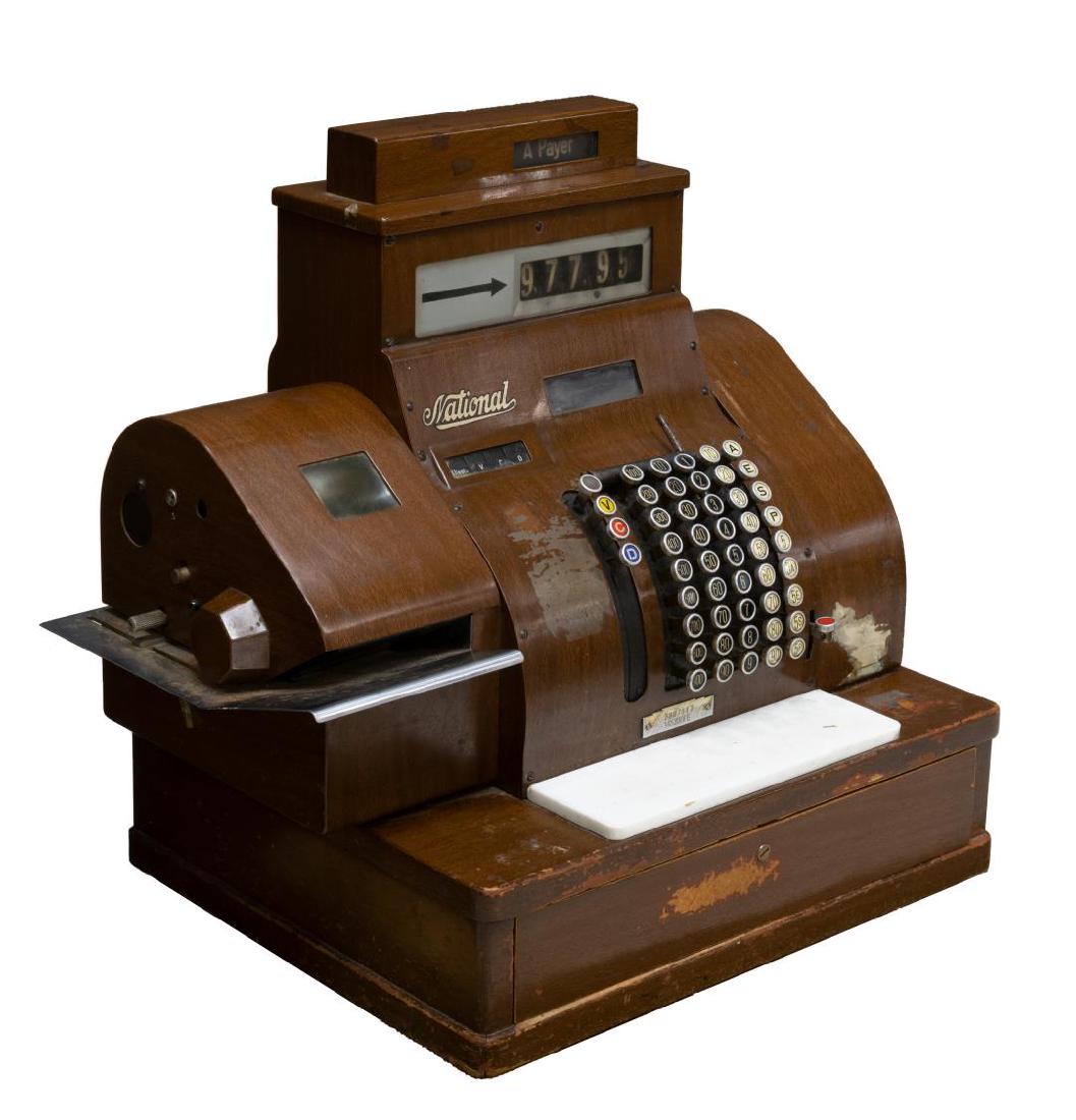 VINTAGE NATIONAL CASH REGISTER: Vintage National cash register, crank operating and opens drawer, in need of wiring, approx 22"h, 23"w, 16"d Start Price: $80.00