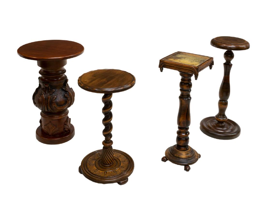 (4) ENGLISH & ITALIAN CARVED WOOD PEDESTALS: (lot of 4) Vintage carved and turned wood pedestals, (1) Italian, having bulbous acanthus carved stem, (3) English, with turned and spiraled motifs, one with inset tile top, largest: 25"h Start Price: