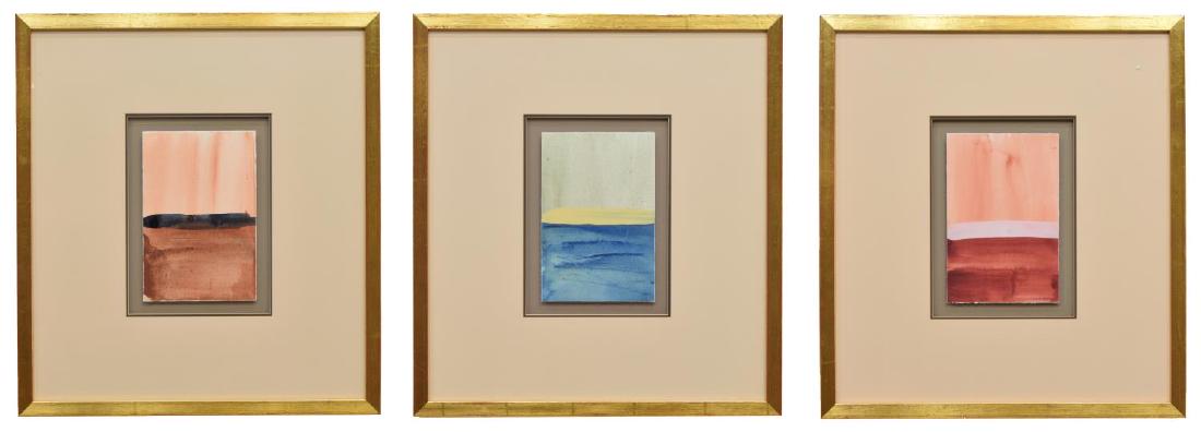 (3) KAREN ROSS FRAMED WATERCOLOR PAINTINGS: (lot of 3) Framed watercolor paintings on paper, "Contemplative Spaces," signed lower right K.R. (Karen Ross, California, Colorado, 20th/ 21st c.), centered in gilt frames, Soicher-Marin label verso, 