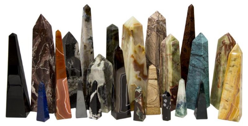 (23) OBELISK COLLECTION, MANY MINERALS & COLORS23: (lot of 23) Colorful obelisks in various stones including mahogany agate, marble, Picasso marble, snow flake obsidian, flourite, lapis lazuli, blood stone, picture jasper, blue jasper, Norcross Madaga