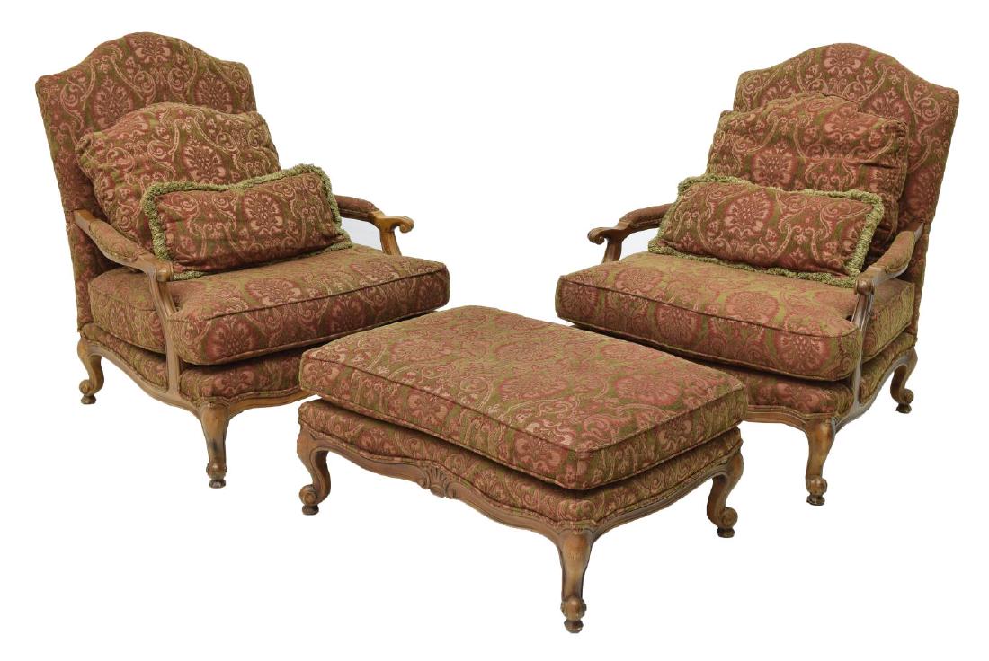 (3) LOUIS XV STYLE OVERSIZE CHAIRS, OTTOMAN, (1 of 3)