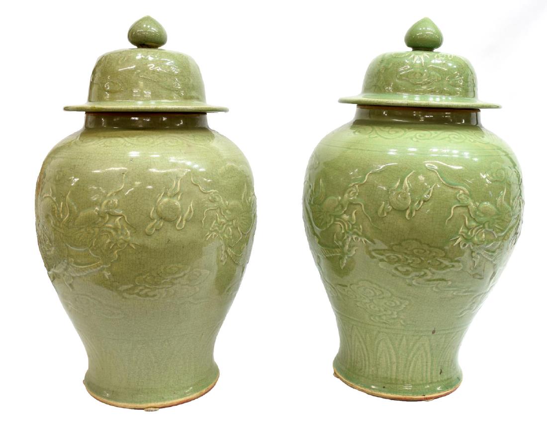 (2) LARGE CHINESE CELADON CERAMIC DRAGON JARS (1 of 2)