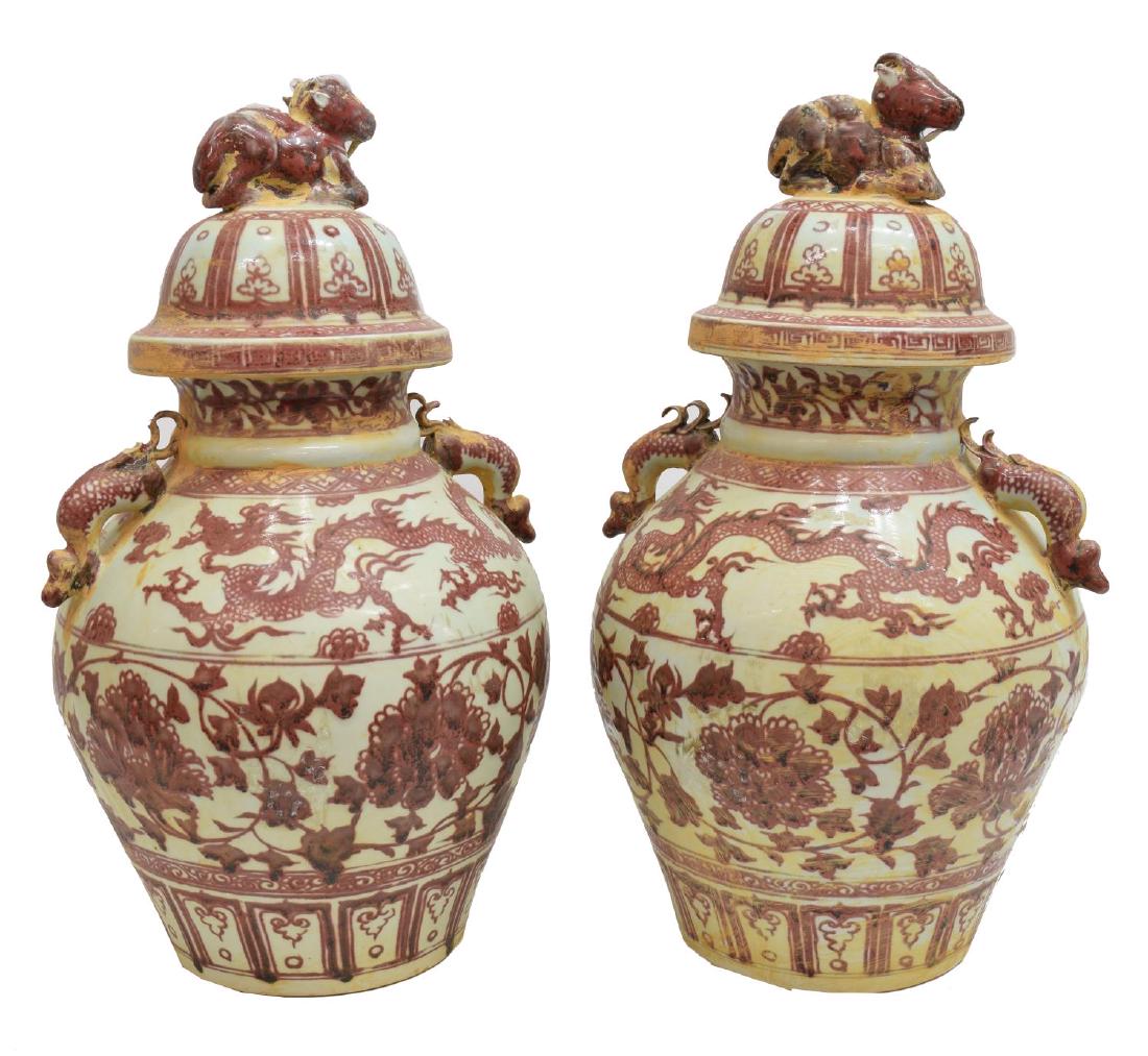 (2) CHINESE IRON RED DRAGON-HANDLE PORCELAIN JARS (1 of 2)