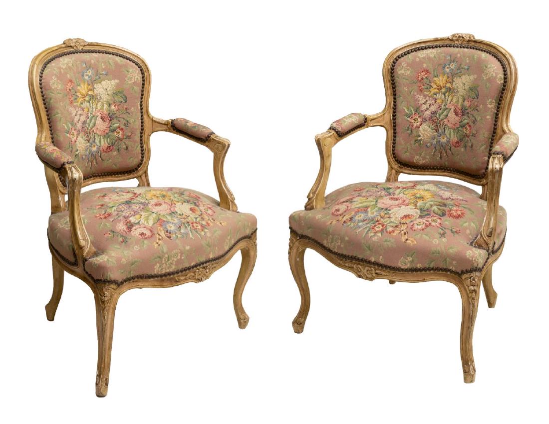 (2) FRENCH LOUIS XV STYLE TAPESTRY ARM CHAIRS (1 of 2)