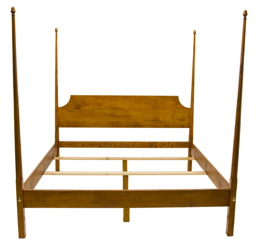 LEONARDS TIGER MAPLE FOUR-POSTER KING SIZE BED: American "Pencil Post" tiger maple four-poster king size bed, from Leonard's in Seekonk, Mass., having acorn finials over tapered posts, shaped headboard, exterior: approx 83.75"h, 81.25"w, 85.5"d, in