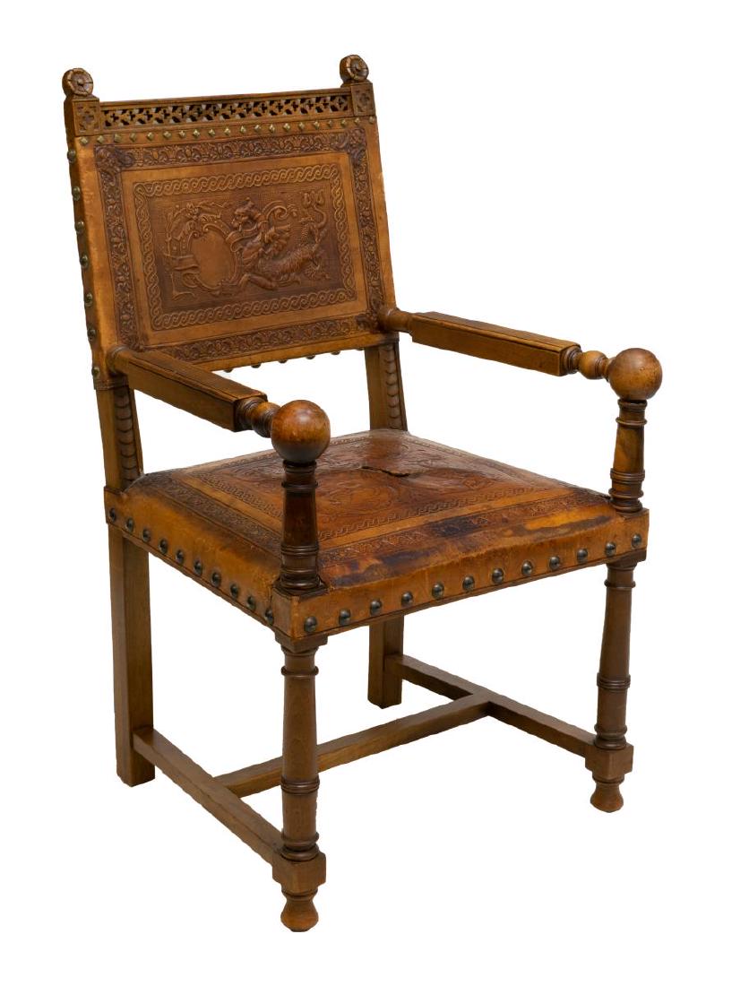 HENRI II STYLE EMBOSSED WALNUT & LEATHER ARMCHAIR (1 of 3)