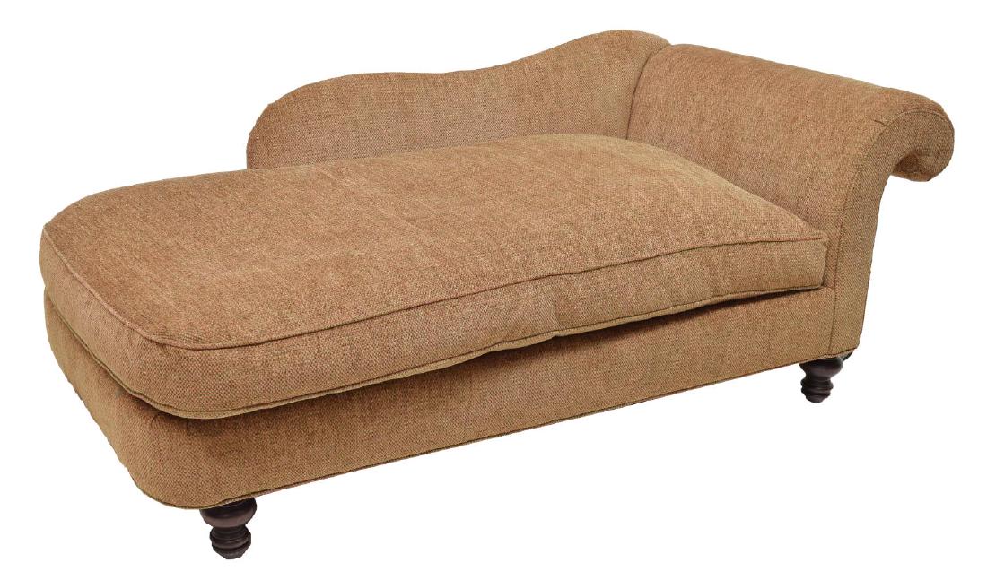 UPHOLSTERED CHAISE LOUNGE: Upholstered chaise lounge, 20th c., having one rolled side, cushion seat, rising on short turned legs, approx 32"h, 80"w, 38"d Start Price: $100.00