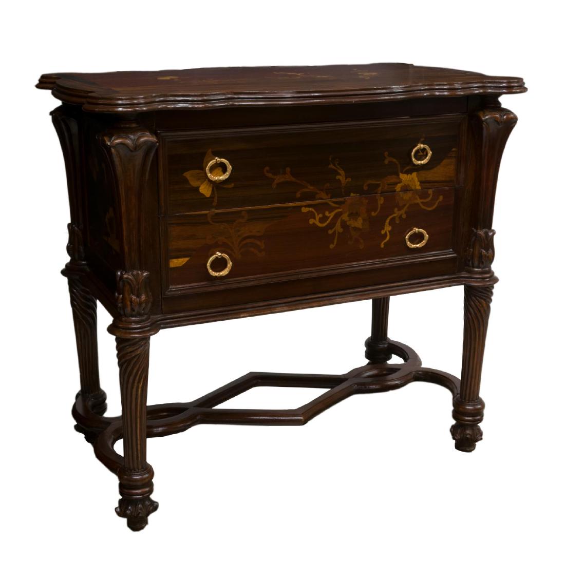 FRENCH NANCY SCHOOL ART NOUVEAU MARQUETRY COMMODE: French Art Nouveau mahogany marquetry commode, school of Nancy, after the original by Emile Galle (French, 1846-1904) in the collection of the Victoria & Albert Museum, the shaped top rising on body w