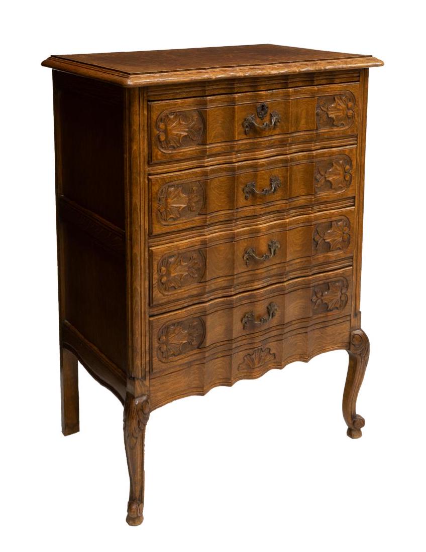 PETITE LOUIS XV STYLE FIGURED OAK CHEST OF DRAWERS (1 of 3)
