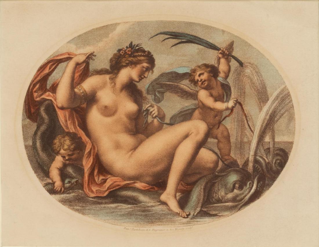 FRANCESCO BARTOLOZZI (D.1815) STIPPLE ENGRAVING: Framed hand-colored stipple engraving on paper, 18th c., Cupid and Psyche, engraved by Francesco Bartolozzi (Italy, 1727-1815), possibly after Giovanni Battista Cipriani (Italy, 1727-1785), sight: app
