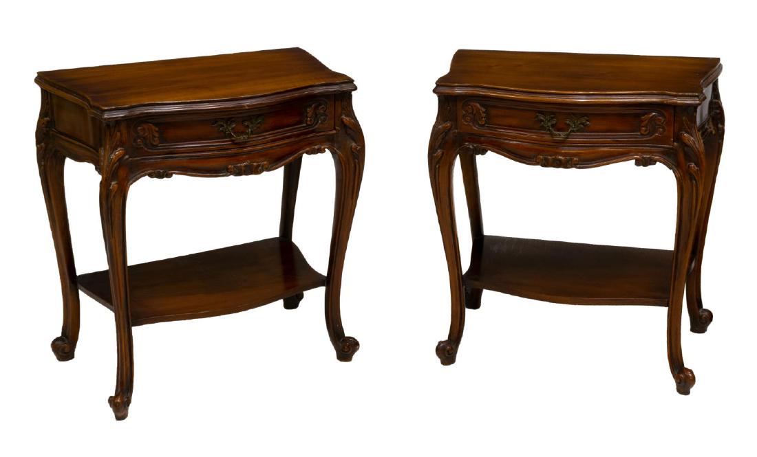 (PAIR) VINTAGE LOUIS XV STYLE NIGHTSTANDS: (pair) Vintage Louis XV style nightstands, 20th c., having shaped top, over single drawer, rising on cabriole legs with carved acanthus leaf knees, joined by a lower tier, ending in whorl feet, approx