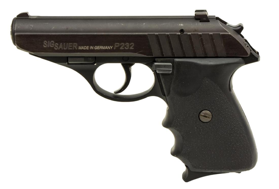 SIG SAUER MODEL P232 PISTOL, 9MM: Sig Sauer Model P232 pistol, 9mm, double action, 3.6" barrel, five 7 round Sig magazines, black polymer grips, soft case, SN S276XXX *REQUIRES FFL TRANSFER* Start Price: $250.00