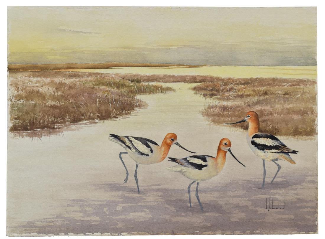 (2) D. HOWLAND (NY, 1920-1999) WATERCOLOR PAINTING: (lot of 2) Unframed watercolor and gouache paintings on paper, signed D. Howland (Douglas Leo Howland, New York, 1920-1999), including: (1) Avocets, signed lower right and verso, depicting two avocets