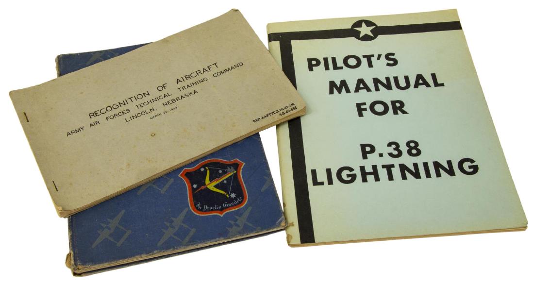 (3) WWII P38 PILOT MANUAL, FIGHTER GROUP BOOK MORE: (lot of 3) WWII pamphlets: (1) "Pilot's Manual for P.38 Lightning", Skylark Press, Houston, profusely illustrated and detailed; (1) "Recognition of Aircraft", Army Air Forces Technical Training Comman