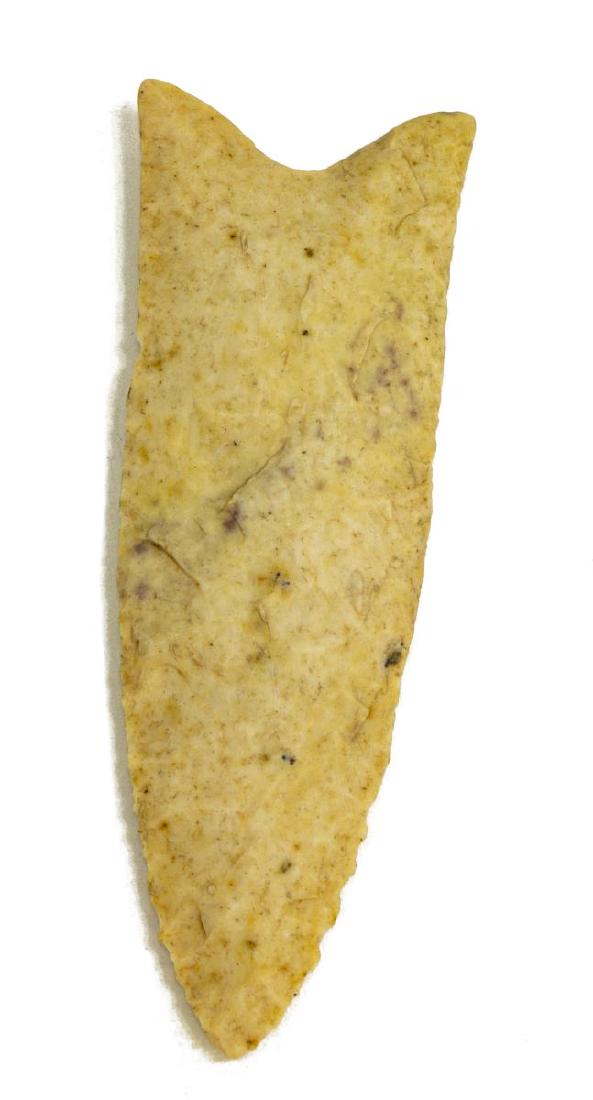DEBERT SPEAR POINT, G9, 3.25"L, 1.25"W: Debert spear point, Greene County, Arkansas, graded on attached photo tag G9, 3.25"l, 1.25"w, housed in Riker box: .75"h, 5.5"w, 4.5"d Start Price: $100.00