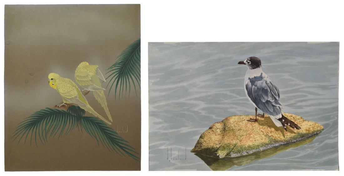 (2) D. HOWLAND (NY, 1920-1999) WATERCOLOR PAINTING: (lot of 2) Unframed watercolor and gouache paintings, signed Howland (Douglas Leo Howland, New York, 1920-1999), including: (1) Yellow Parakeets, on board, signed lower right, depicting two parakeet o