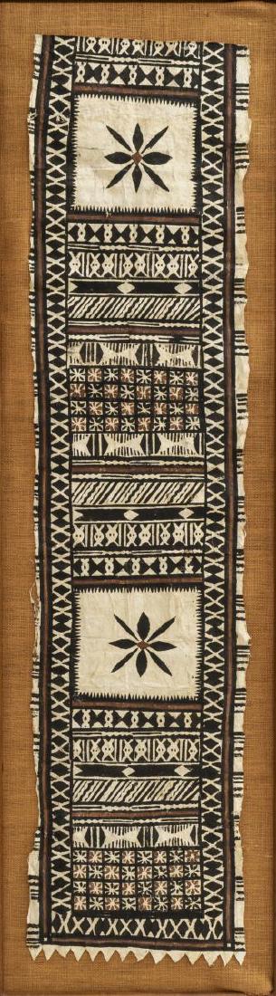 FRAMED TRIBAL INSPIRED PAINTING ON FIBROUS PAPER: Framed painting on fibrous paper, with tribal inspired geometric design, mounted on burlap backboard, sight: approx 62"h, 14"w, overall: approx 68"h, 19"w, 6.75lbs Start Price: $50.00