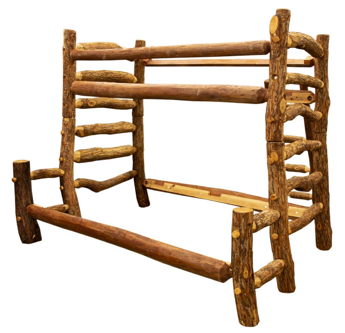 RUSTIC PINE LOG QUEEN SIZE BED WITH UPPER BUNK: Rustic Queen size bed with upper bunk over one side, all constructed of hand hewn pine logs, the ends with original bark, the rails without bark, approximate inside lower bed: 82" x 52"; upper inside: